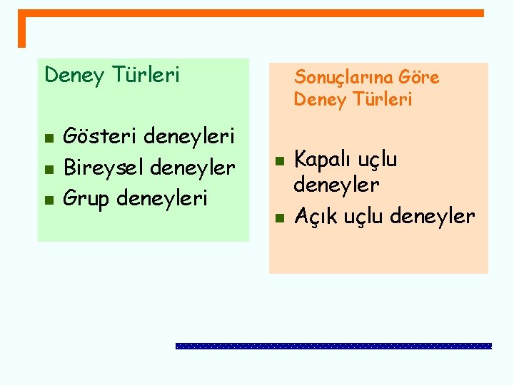 Deney Türleri n n n Gösteri deneyleri Bireysel deneyler Grup deneyleri Sonuçlarına Göre Deney