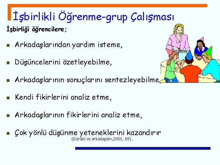 İşbirlikli Öğrenme-grup Çalışması İşbirliği öğrencilere; n Arkadaşlarından yardım isteme, n Düşüncelerini özetleyebilme, n Arkadaşlarının