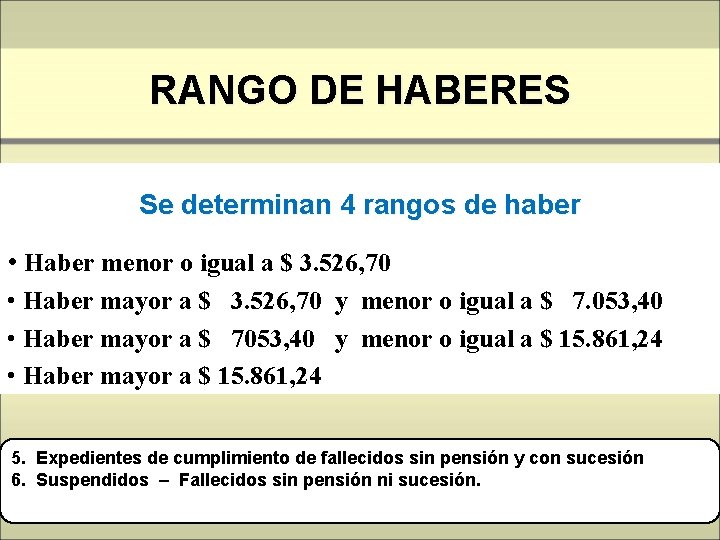 RANGO DE HABERES Se determinan 4 rangos de haber • Haber menor o igual