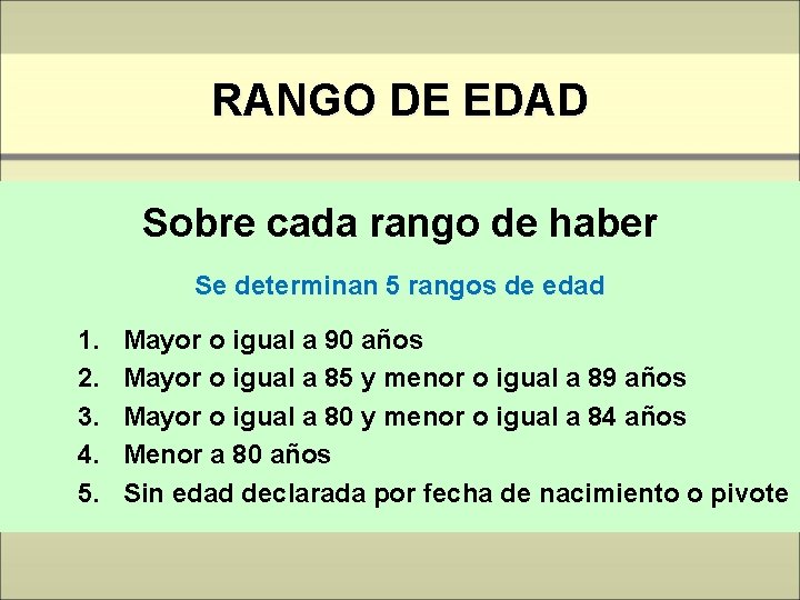 RANGO DE EDAD Sobre cada rango de haber Se determinan 5 rangos de edad