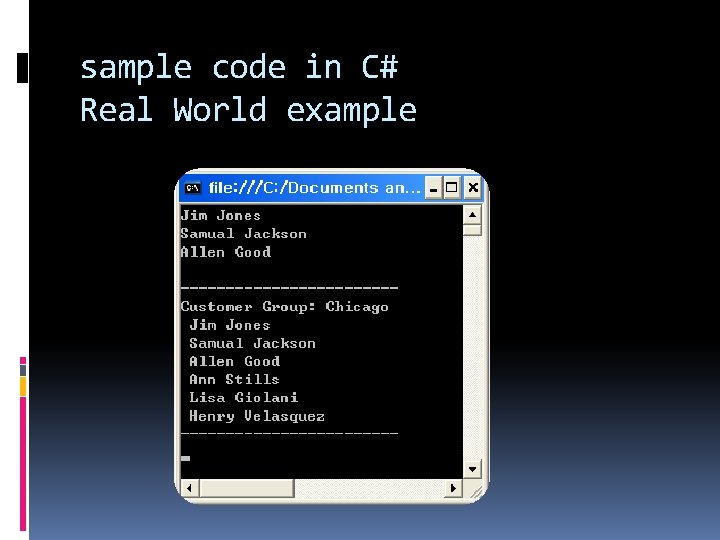 sample code in C# Real World example 