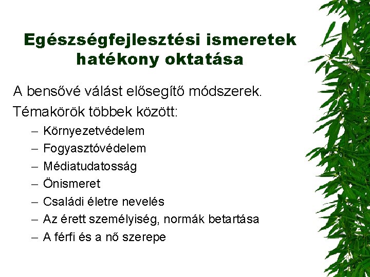 Egészségfejlesztési ismeretek hatékony oktatása A bensővé válást elősegítő módszerek. Témakörök többek között: – –