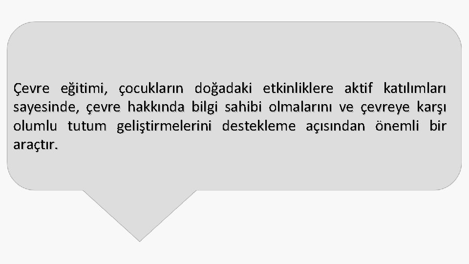 Çevre eğitimi, çocukların doğadaki etkinliklere aktif katılımları sayesinde, çevre hakkında bilgi sahibi olmalarını ve