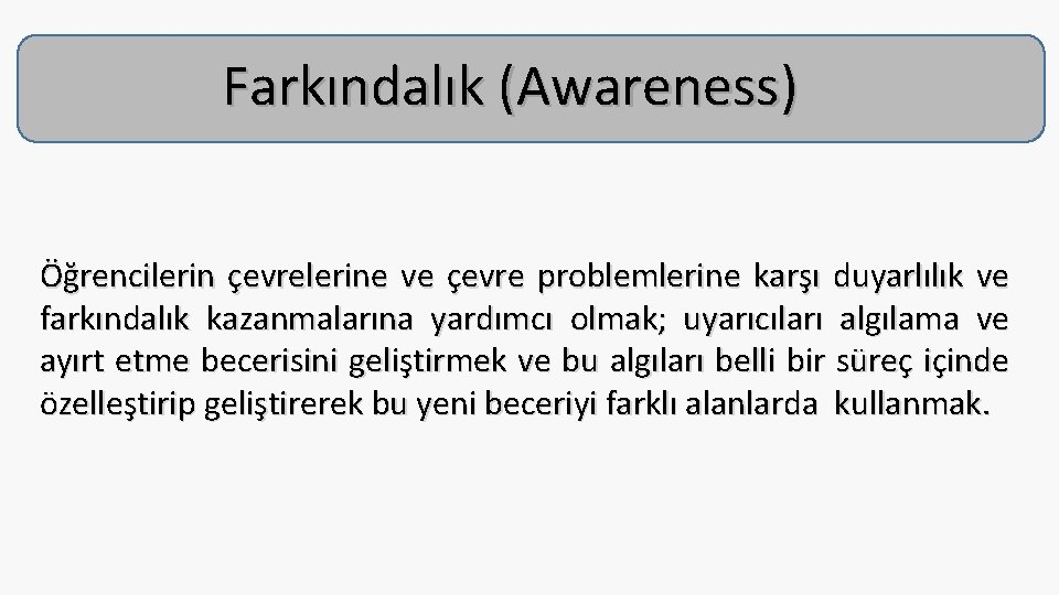 Farkındalık (Awareness) Öğrencilerin çevrelerine ve çevre problemlerine karşı duyarlılık ve farkındalık kazanmalarına yardımcı olmak;