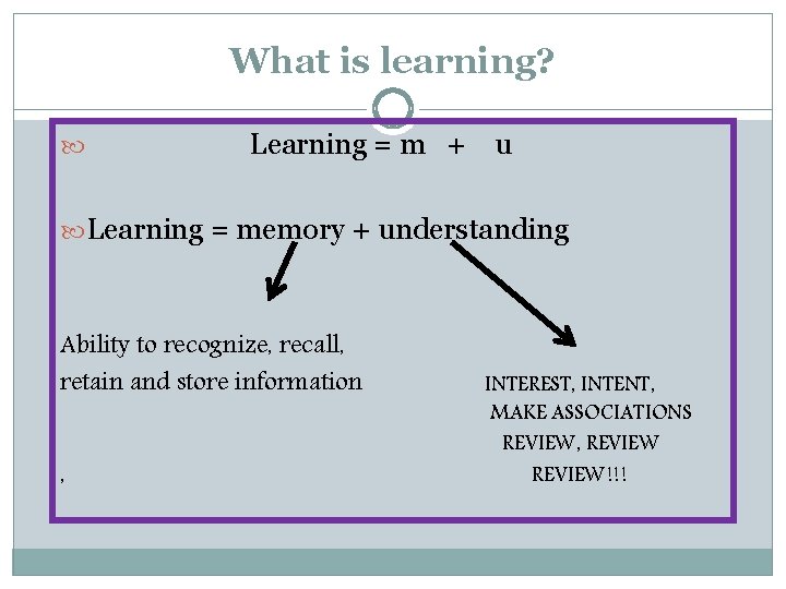 What is learning? Learning = m + u Learning = memory + understanding Ability