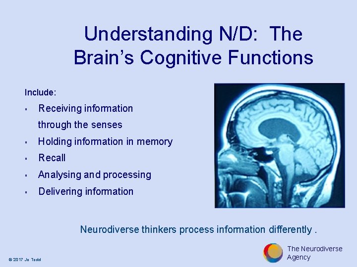 Understanding N/D: The Brain’s Cognitive Functions Include: § Receiving information through the senses §