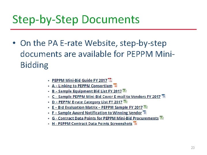 Step-by-Step Documents • On the PA E-rate Website, step-by-step documents are available for PEPPM