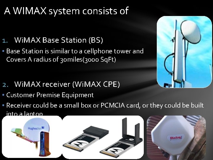 A WIMAX system consists of 1. Wi. MAX Base Station (BS) • Base Station