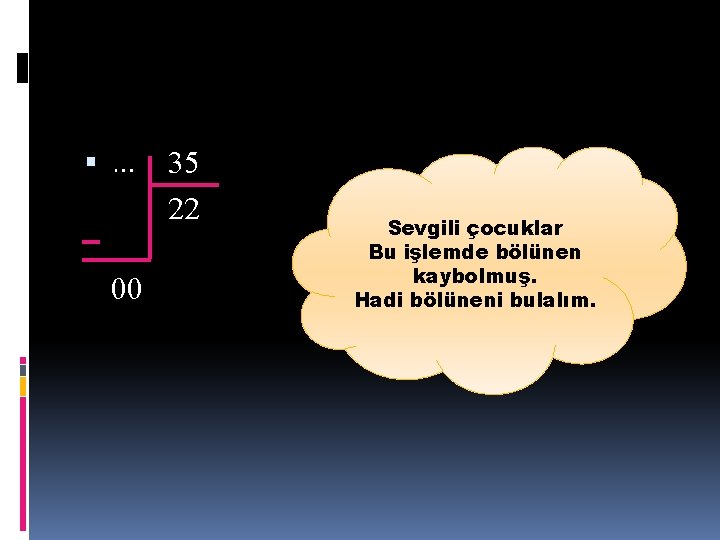  … 00 35 22 Sevgili çocuklar Bu işlemde bölünen kaybolmuş. Hadi bölüneni bulalım.