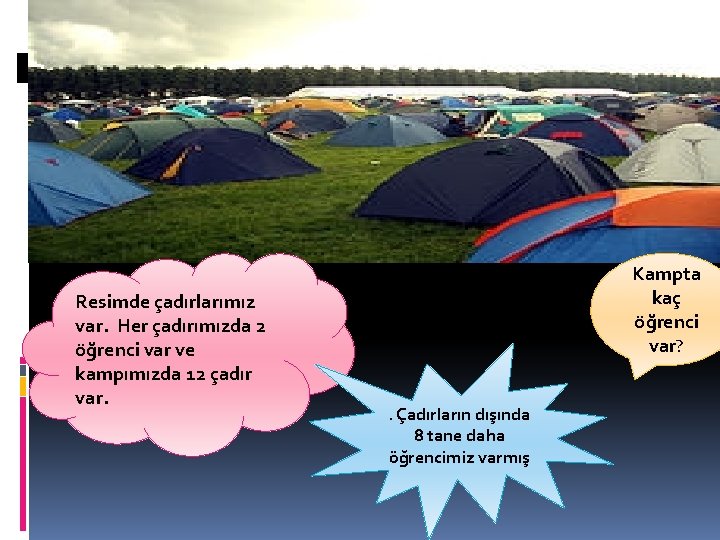 Resimde çadırlarımız var. Her çadırımızda 2 öğrenci var ve kampımızda 12 çadır var. Kampta