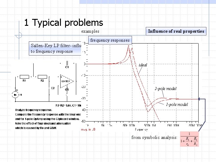 1 Typical problems examples Influence of real properties frequency responses Sallen-Key LP filter- influence