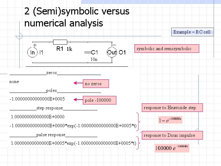 2 (Semi)symbolic versus numerical analysis Example – RC cell symbolic and semisymbolic 1 k