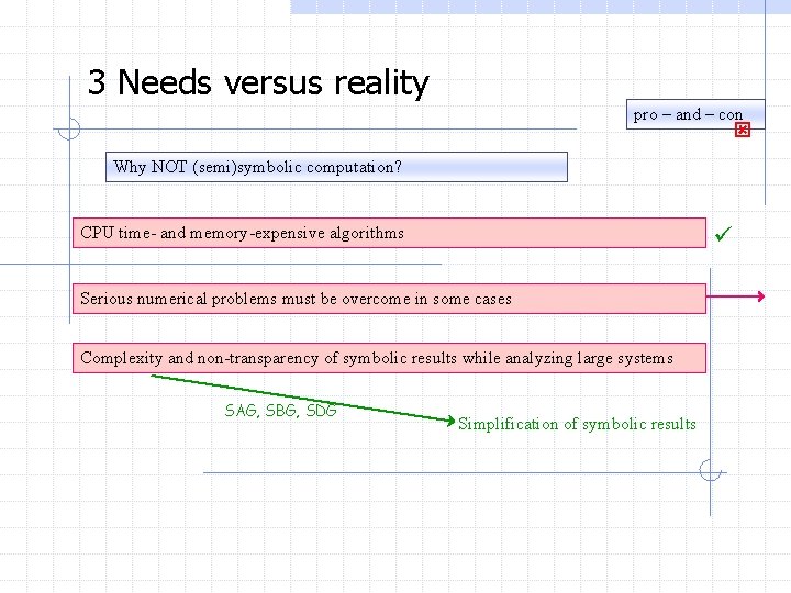 3 Needs versus reality pro – and – con Why NOT (semi)symbolic computation? CPU