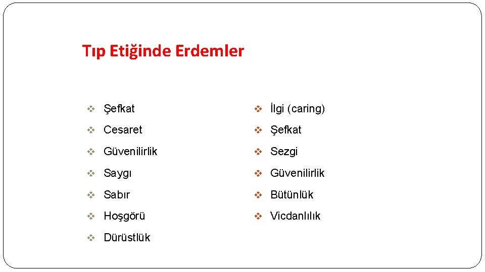 Tıp Etiğinde Erdemler v Şefkat v İlgi (caring) v Cesaret v Şefkat v Güvenilirlik