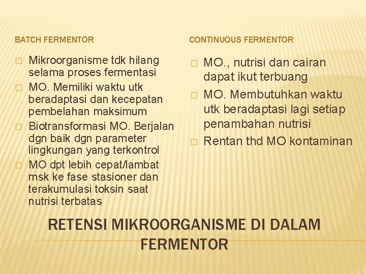 BATCH FERMENTOR � � Mikroorganisme tdk hilang selama proses fermentasi MO. Memiliki waktu utk