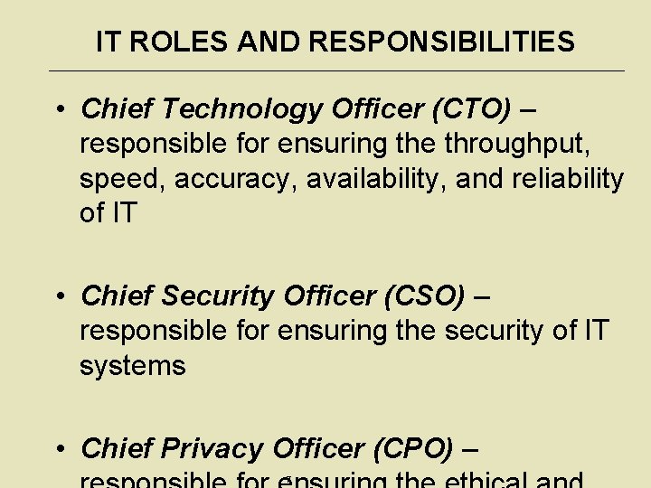 IT ROLES AND RESPONSIBILITIES • Chief Technology Officer (CTO) – responsible for ensuring the