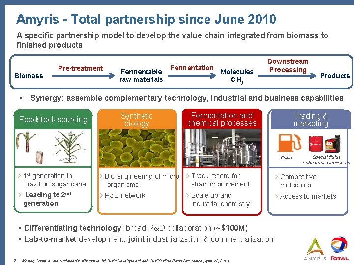 Amyris - Total partnership since June 2010 A specific partnership model to develop the