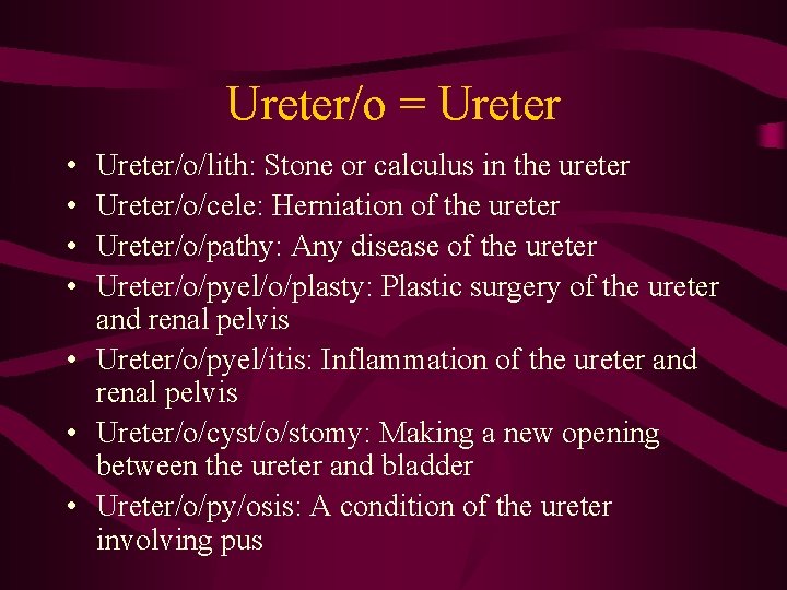 Ureter/o = Ureter • • Ureter/o/lith: Stone or calculus in the ureter Ureter/o/cele: Herniation