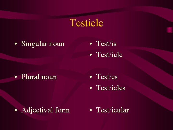 Testicle • Singular noun • Test/is • Test/icle • Plural noun • Test/es •