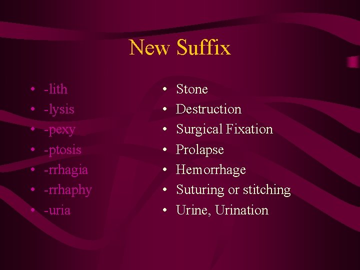 New Suffix • • -lith -lysis -pexy -ptosis -rrhagia -rrhaphy -uria • • Stone