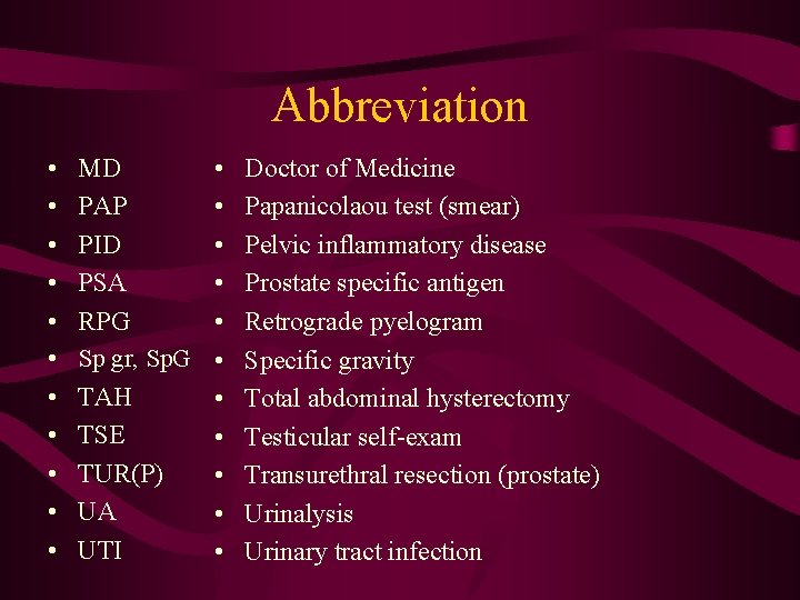 Abbreviation • • • MD PAP PID PSA RPG Sp gr, Sp. G TAH