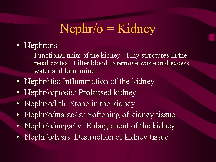 Nephr/o = Kidney • Nephrons – Functional units of the kidney. Tiny structures in