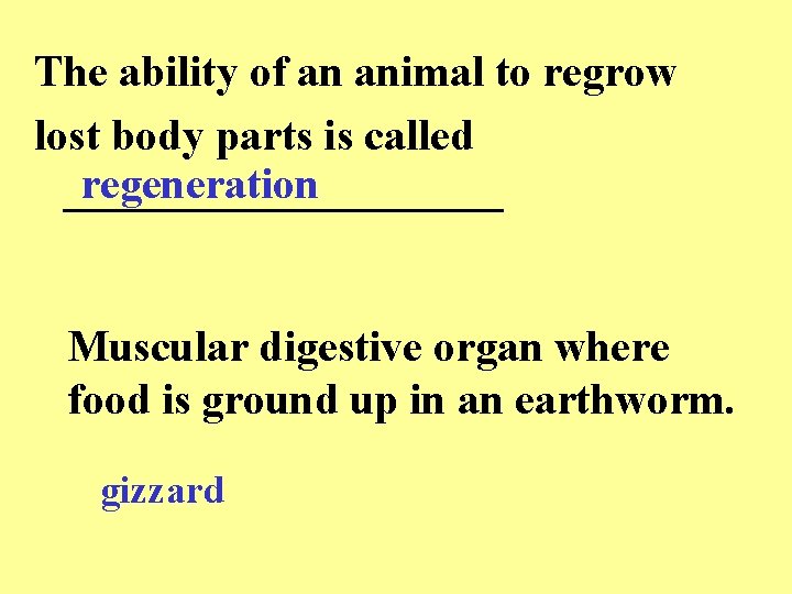 The ability of an animal to regrow lost body parts is called regeneration __________