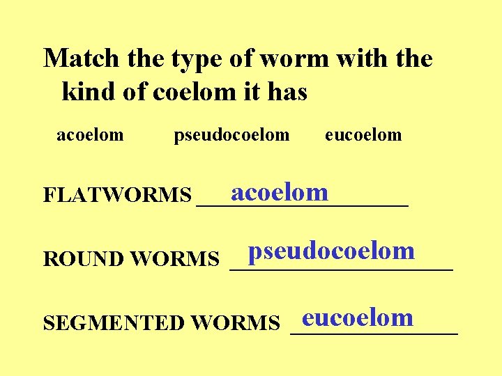 Match the type of worm with the kind of coelom it has acoelom pseudocoelom