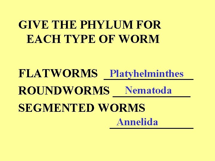 GIVE THE PHYLUM FOR EACH TYPE OF WORM Platyhelminthes FLATWORMS ________ Nematoda ROUNDWORMS _______