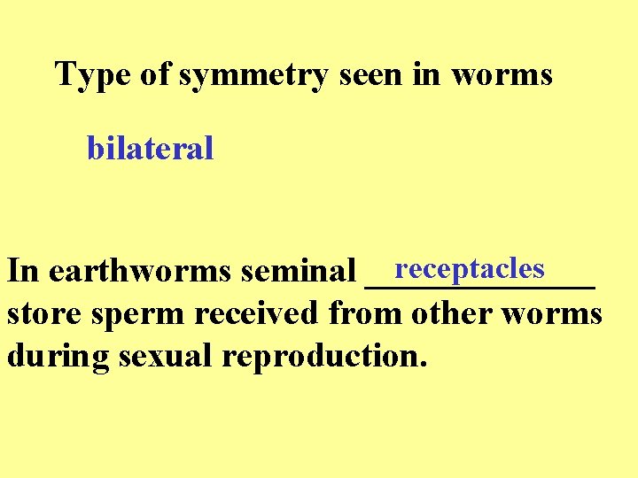 Type of symmetry seen in worms bilateral receptacles In earthworms seminal _______ store sperm