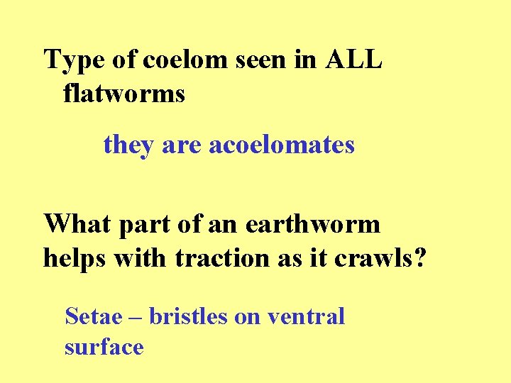 Type of coelom seen in ALL flatworms they are acoelomates What part of an