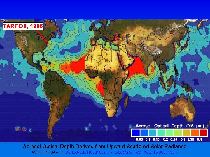 TARFOX, 1996 Aerosol Optical Depth Derived from Upward Scattered Solar Radiance AVHRR/NOAA 11, June-Aug.