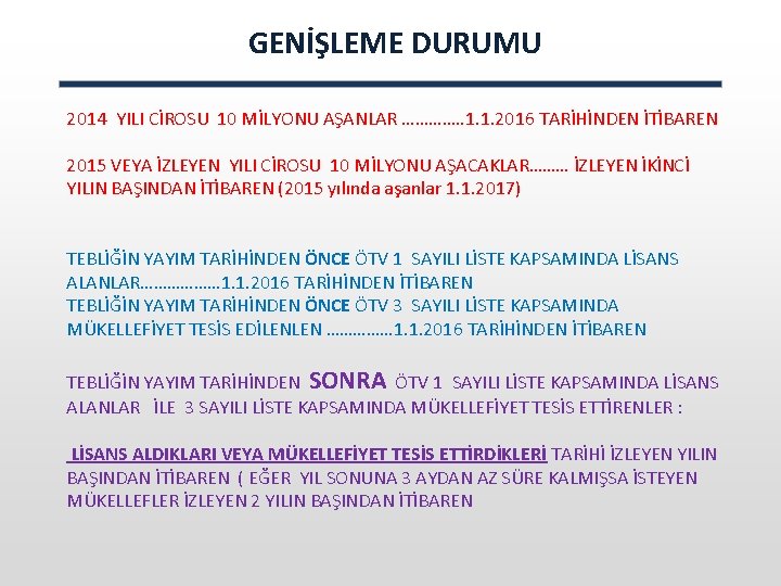 GENİŞLEME DURUMU 2014 YILI CİROSU 10 MİLYONU AŞANLAR …………. . 1. 1. 2016 TARİHİNDEN