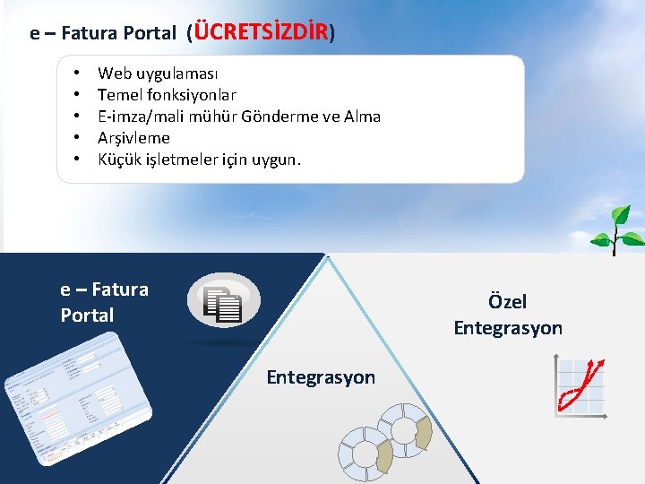 e – Fatura Portal (ÜCRETSİZDİR) • • • Web uygulaması Temel fonksiyonlar E-imza/mali mühür