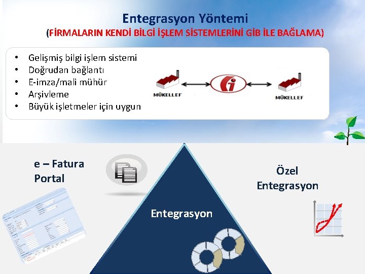 Entegrasyon Yöntemi (FİRMALARIN KENDİ BİLGİ İŞLEM SİSTEMLERİNİ GİB İLE BAĞLAMA) • • • Gelişmiş