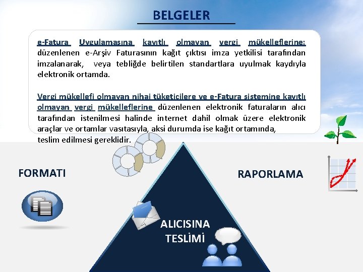 BELGELER e-Fatura Uygulamasına kayıtlı olmayan vergi mükelleflerine; e-Fatura uygulamasına kayıtlı kişiler arasında E-fatura kayıtlı