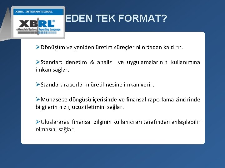 NEDEN TEK FORMAT? 656 FAKTÖR KALEMİ ØDönüşüm ve yeniden üretim süreçlerini ortadan kaldırır. ØStandart