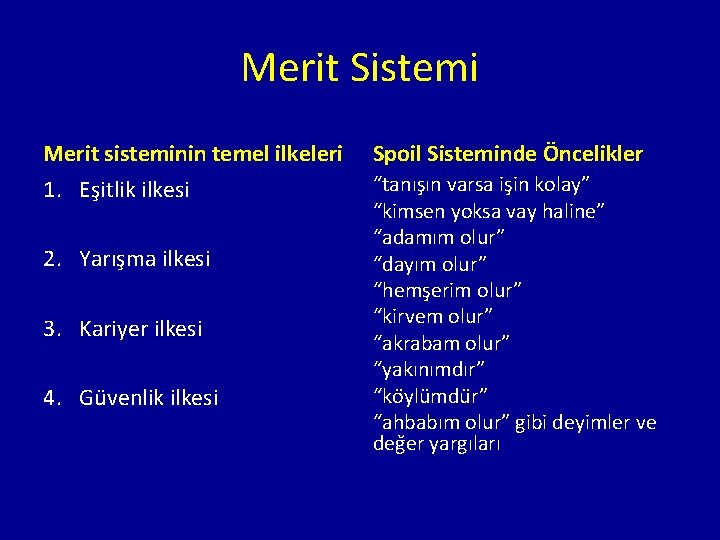 Merit Sistemi Merit sisteminin temel ilkeleri Spoil Sisteminde Öncelikler 1. Eşitlik ilkesi “tanıs ın