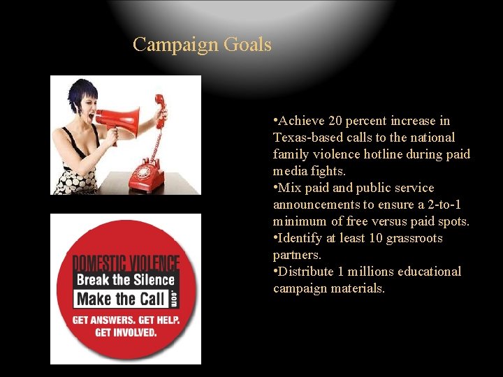 Campaign Goals • Achieve 20 percent increase in Texas-based calls to the national family