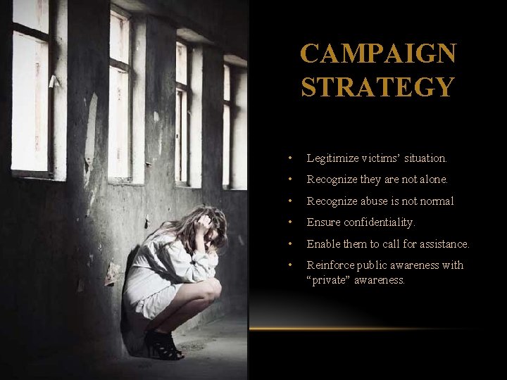 CAMPAIGN STRATEGY • Legitimize victims’ situation. • Recognize they are not alone. • Recognize