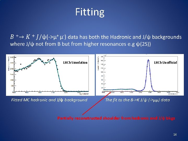  • Fitting LHCb Simulation Fitted MC hadronic and J/ψ background LHCb Unofficial The