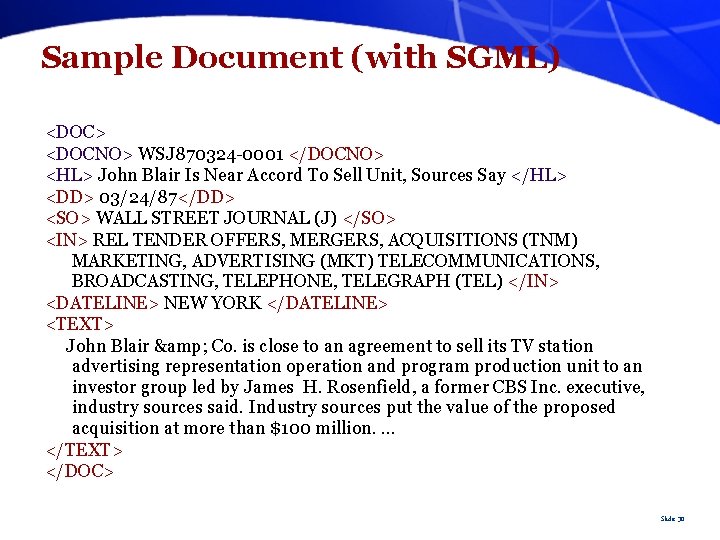 Sample Document (with SGML) <DOC> <DOCNO> WSJ 870324 -0001 </DOCNO> <HL> John Blair Is