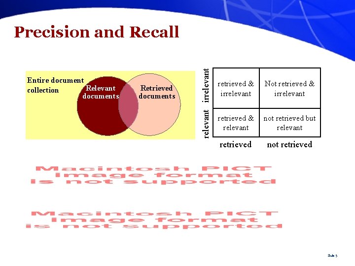 Entire document Relevant collection documents Retrieved documents relevant irrelevant Precision and Recall retrieved &