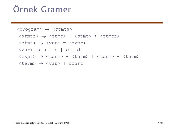 Örnek Gramer <program> <stmts> <stmt> | <stmt> ; <stmts> <stmt> <var> = <expr> <var>