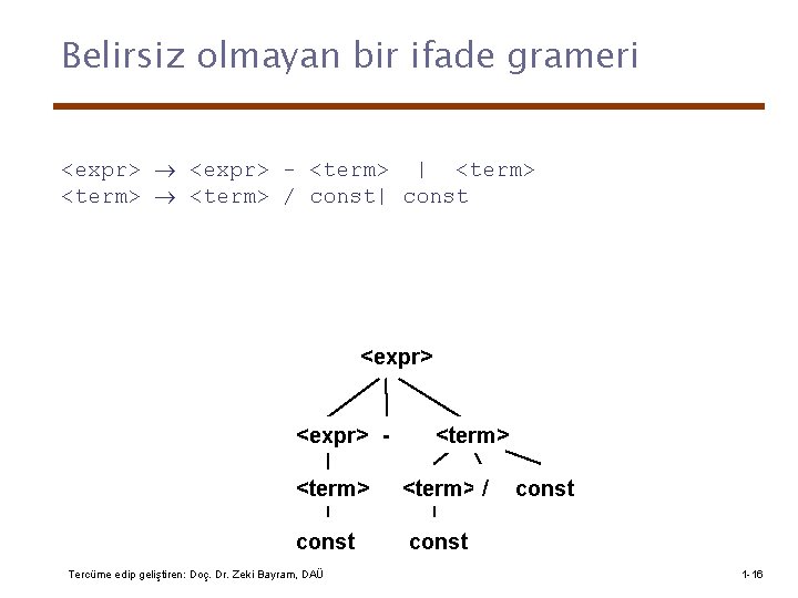 Belirsiz olmayan bir ifade grameri <expr> - <term> | <term> / const| const <expr>