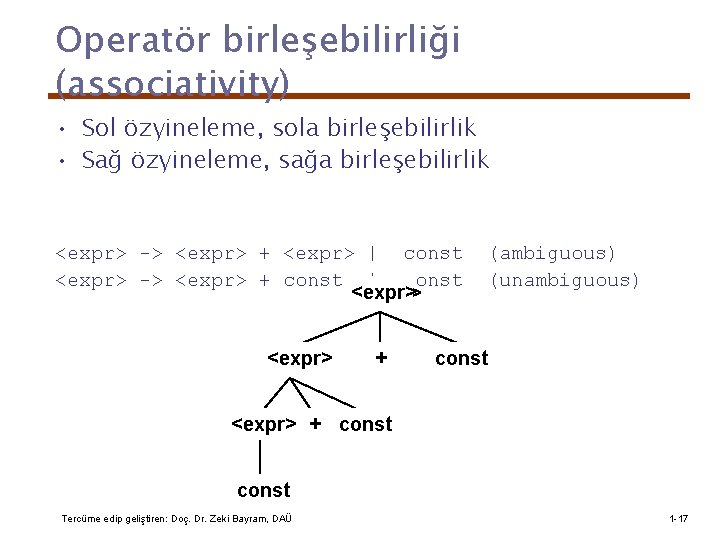 Operatör birleşebilirliği (associativity) • Sol özyineleme, sola birleşebilirlik • Sağ özyineleme, sağa birleşebilirlik <expr>