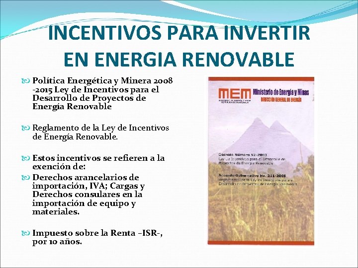 INCENTIVOS PARA INVERTIR EN ENERGIA RENOVABLE Política Energética y Minera 2008 -2015 Ley de