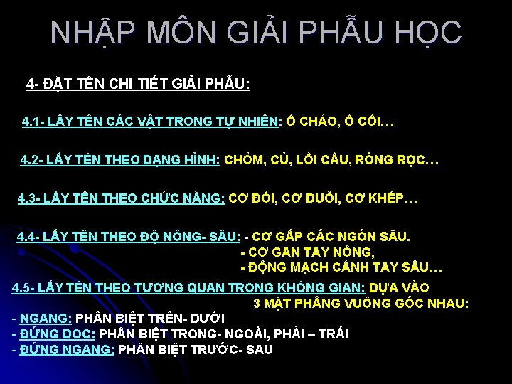 NHẬP MÔN GIẢI PHẪU HỌC 4 - ĐẶT TÊN CHI TIẾT GIẢI PHẪU: 4.