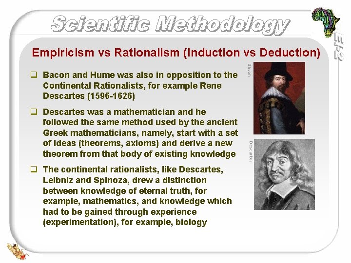 Empiricism vs Rationalism (Induction vs Deduction) q The continental rationalists, like Descartes, Leibniz and