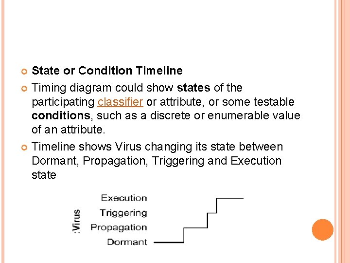 State or Condition Timeline Timing diagram could show states of the participating classifier or State or Condition Timeline Timing diagram could show states of the participating classifier or